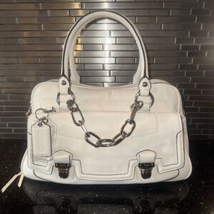 Coach White Leather Satchel with Silver Chain and Hardware